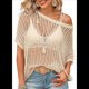 thumbnail image 2 of Top de Punto Calado de Corta con Cuello Redondo de Verano para Mujer, Color Albaricoque M, 2 of 6