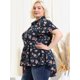 thumbnail image 2 of Women's Plus Size Shirt Floral Asymmetrical Short Sleeve Chiffon Peplum Blouse Navy Blue 2X, 2 of 5