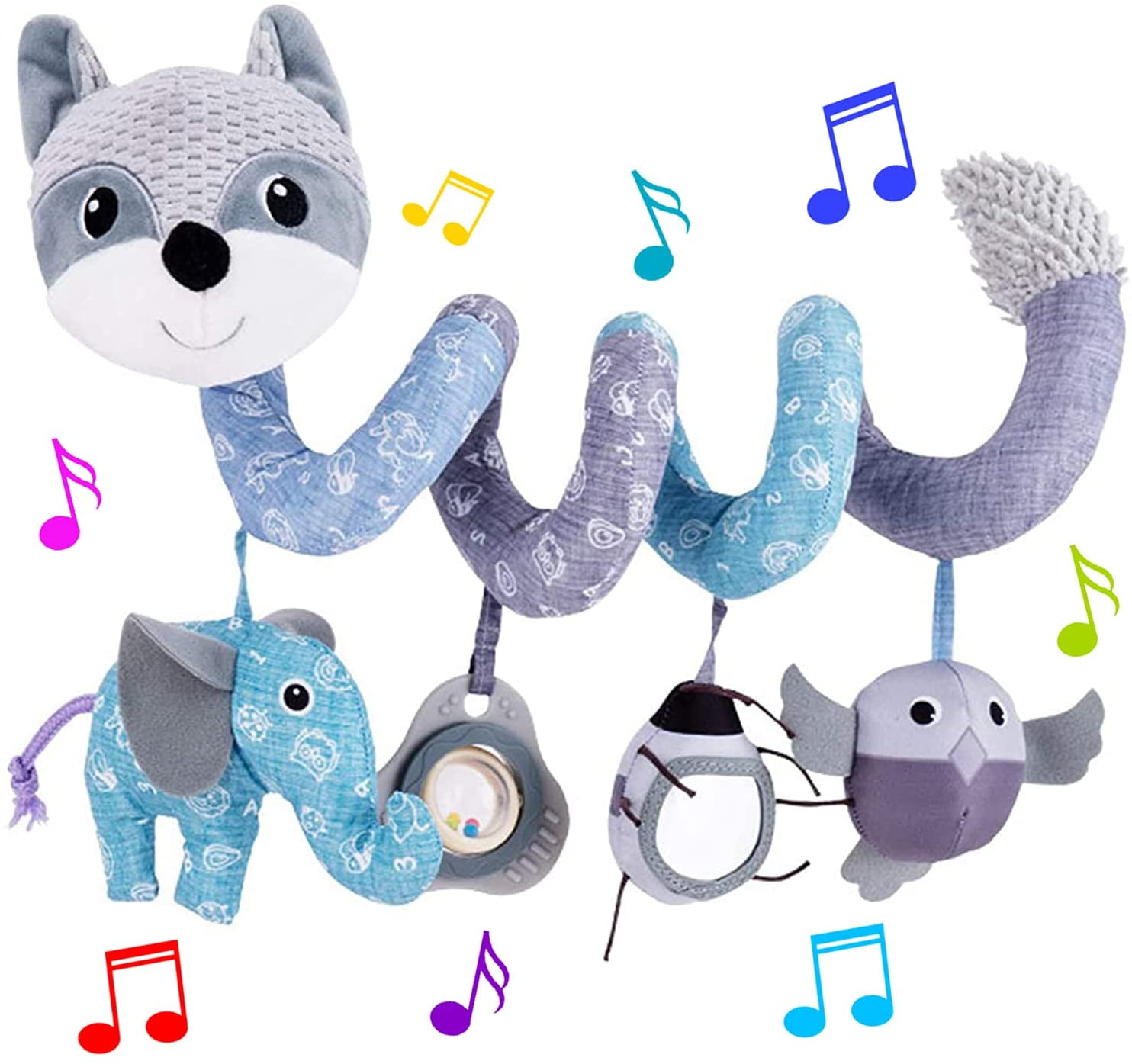 Car Seat Toys, Infant Baby Gray Fox Spiral Plush Activity Hanging Toys for Car Seat Stroller Bar Crib Bassinet Mobile with Music Box BB Squeaker and Rattles（Gray）