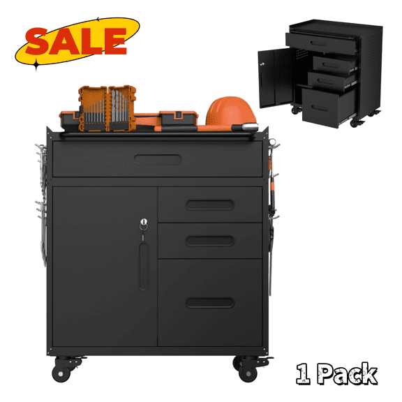 Hassch Rolling Metal Tool Cabinet with Wheels, Storage Cabinet with Locking Door and 4 Drawers, Garage Cabinet for Basement, Workshop, Easy Assembly, Black