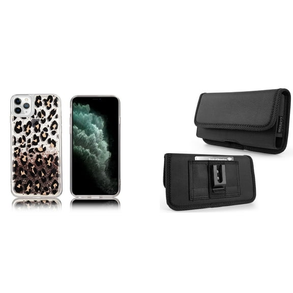 Liquid Glitter Case for iPhone 14 Pro and Belt Holster Pouch - Leopard