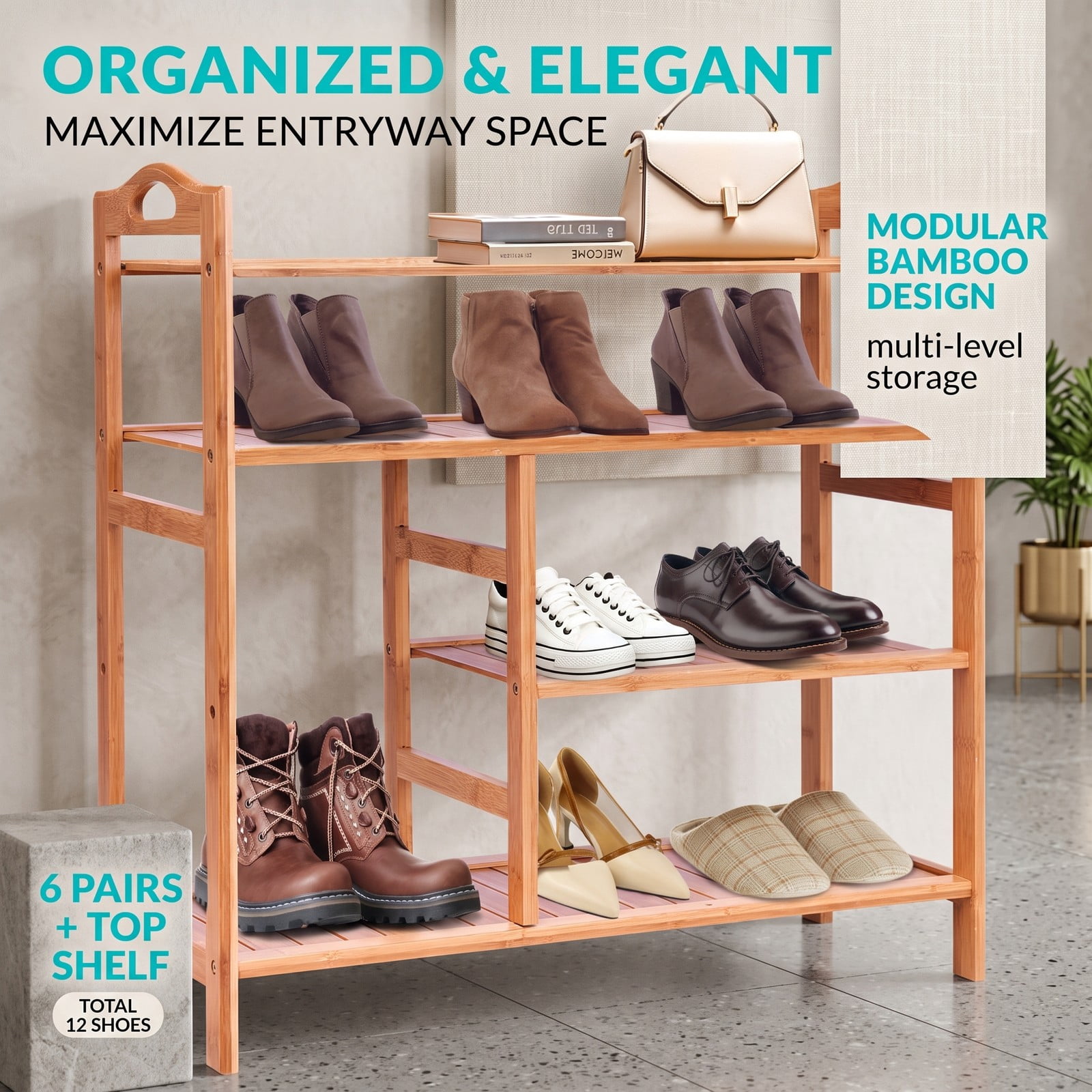 Furnibear 4-Tier Bamboo Shoe Rack with Tall Boot Shelf and Side Handles for Entryway Hallway and Closet Storage, Natural