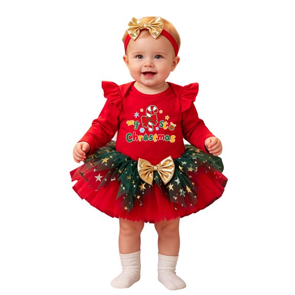 Baby Girl Christmas Outfit Long Sleeve Ruffle Princess Tutu Dress Headband Christmas Tutu Dress Outfit Long Sleeve Ribbed Ruffle Glitter Tulle Princess Dress Christmas Outfits