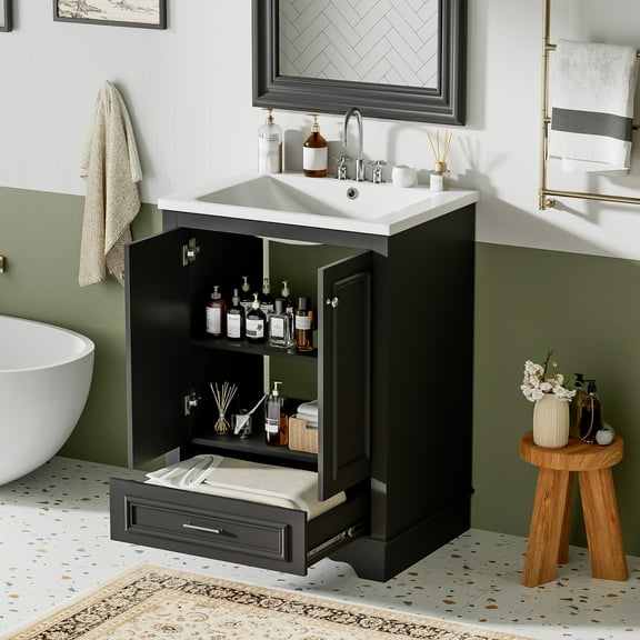 Euroco 24" Bathroom Vanity with Sink, Modern Bathroom Cabinet with Ceramic Basin & Adjustable Storage, Solid Wood Frame Vanity