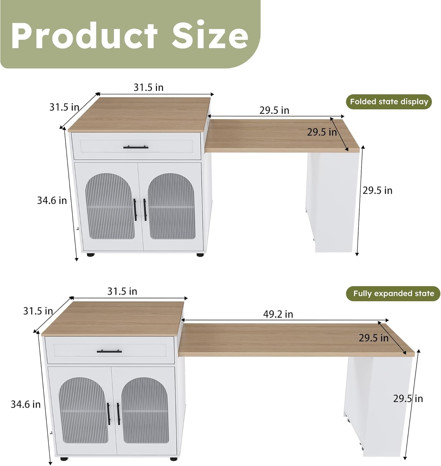 Montary 80" Expandable Kitchen Island with Extendable Table - Solid Wood Grain Countertop with Power Outlet & USB Ports, Mobile Cart with Double-Side Storage, Cabinet & Drawers (White)