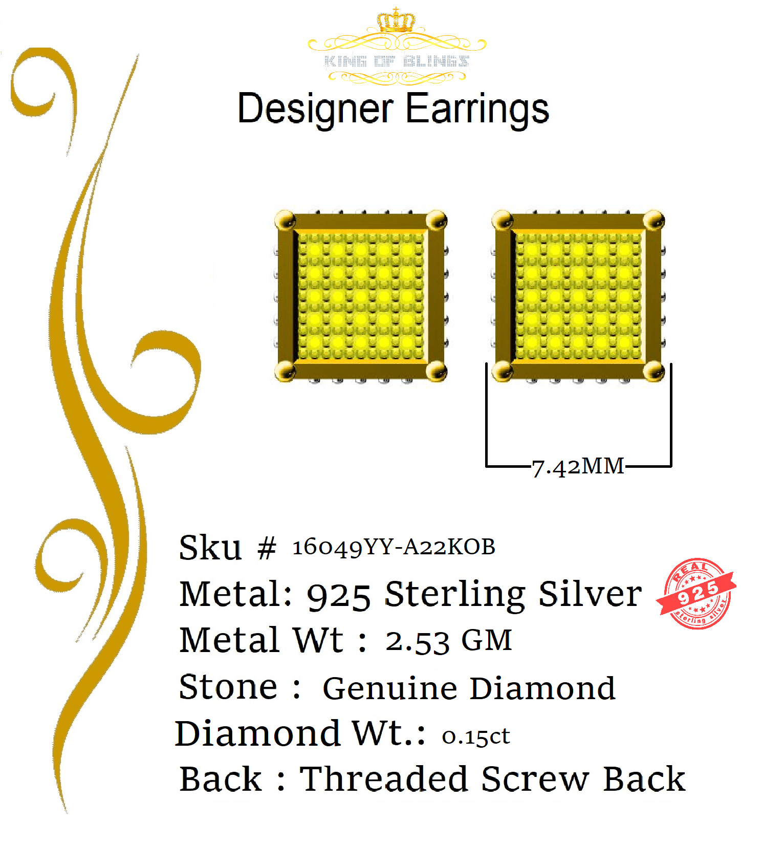 King of Bling's 0.15ct Yellow Diamond 925 Sterling Silver Stud Women's/ Men's Square Earrings