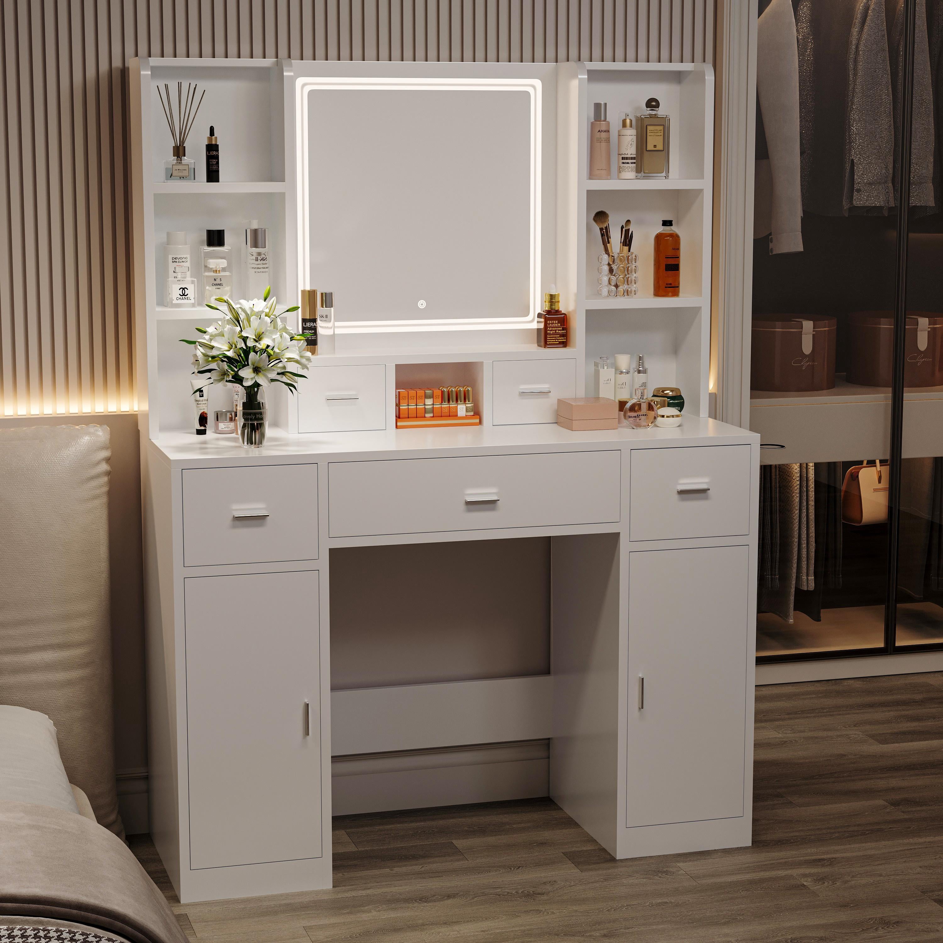 PORKISS Dressing Table, Wood & Glass Makeup Vanity Table with Drawers and Storage Cabinet, Modern Vanity Desk with Smart Mirror and Dressing Pad, Makeup Vanity for Bedroom, Dressing Room, White