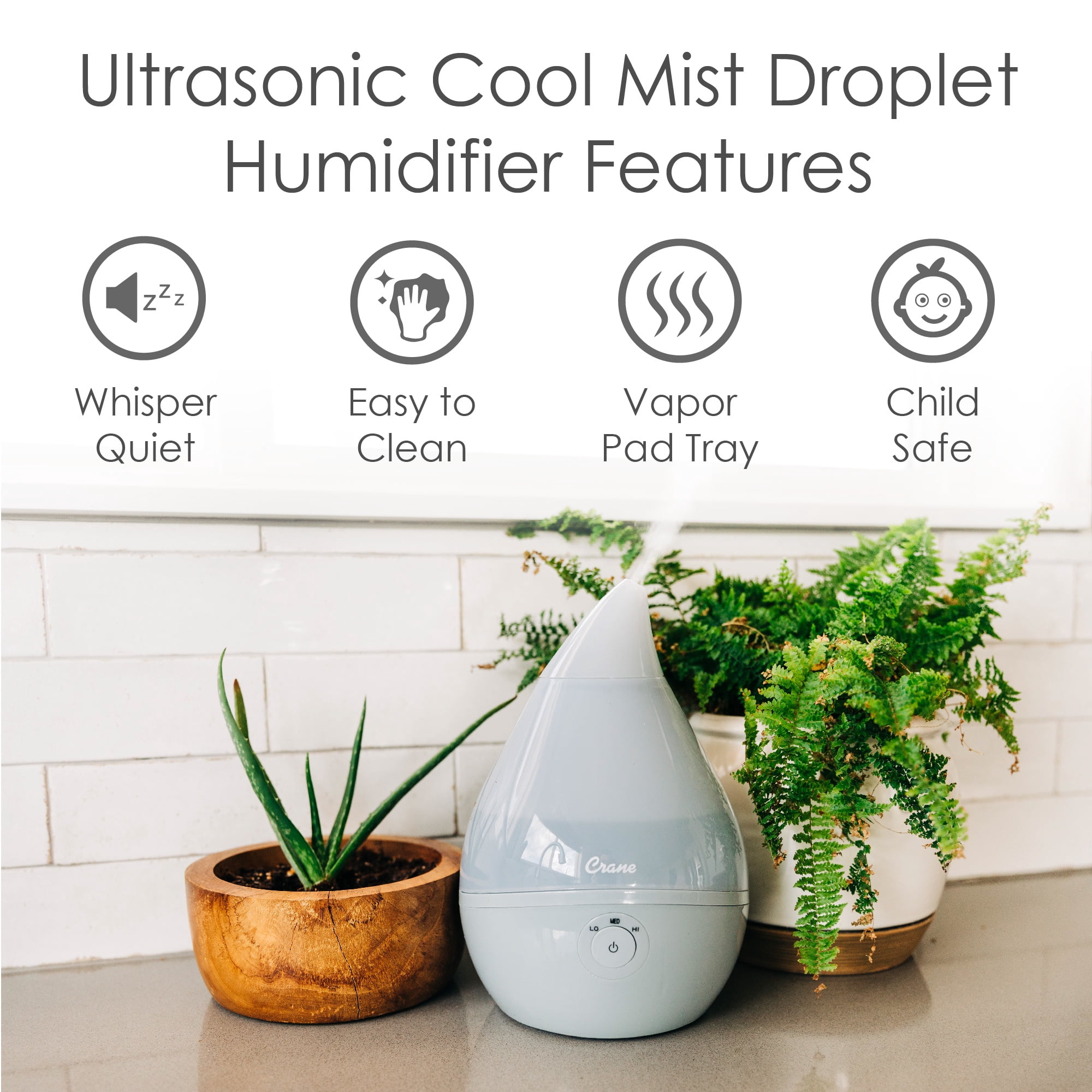 Crane USA Droplet Ultrasonic Cool Mist Humidifier, 0.5 Gallon, 15 Hour Run Time, Optional Vapor Tray, 250 Sq. Ft. Coverage, Gray