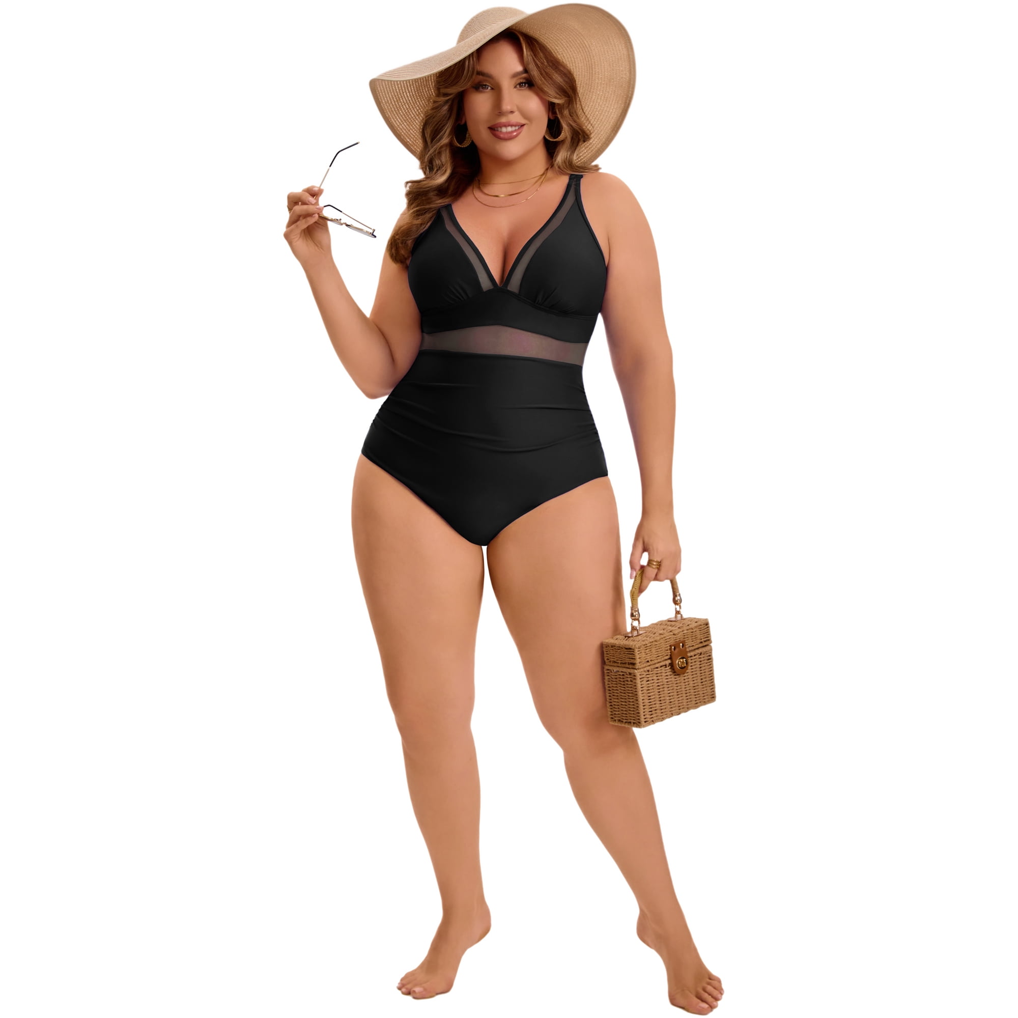 DARING DIVA Women's Plus Swimsuit Mesh V Neck Bathing Suit 4X Black