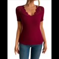 thumbnail image 2 of Camisetas de Corta con Cuello en V y Encaje para Mujer, Camisetas Básicas Ajustadas de Punto Acanalado, Estilo Informal de Verano para Negocios Vino Tinto XXL, 2 of 10