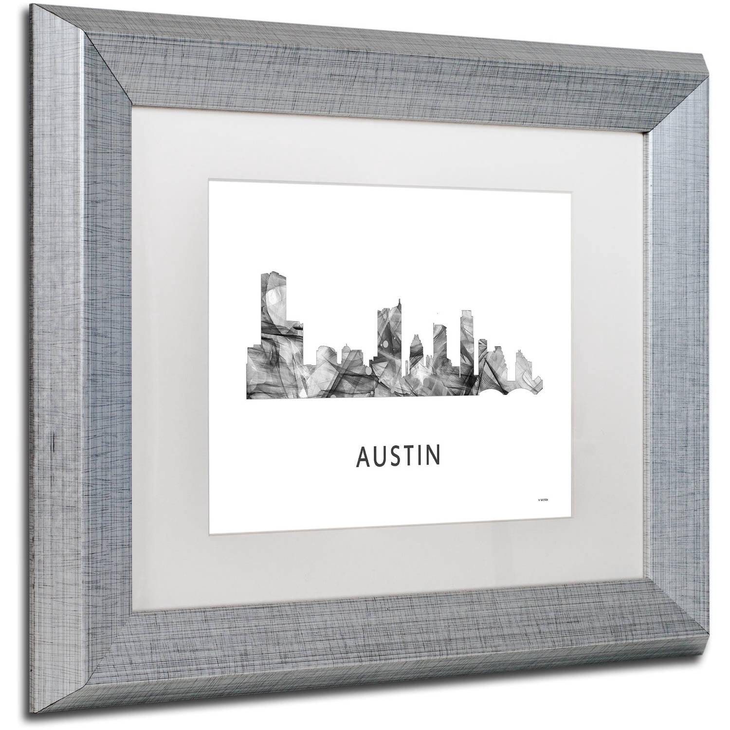 Trademark Fine Art 'Austin Texas Skyline WB-BW' Canvas Art by Marlene Watson, White Matte, Silver Frame