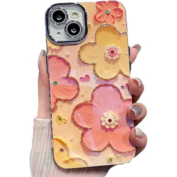 for iPhone Case,Cute Floral Pattern Glossy Blu-ray Silicone Camera Lens Protection Soft Shockproof Phone Case (Pink,iPhone 15)