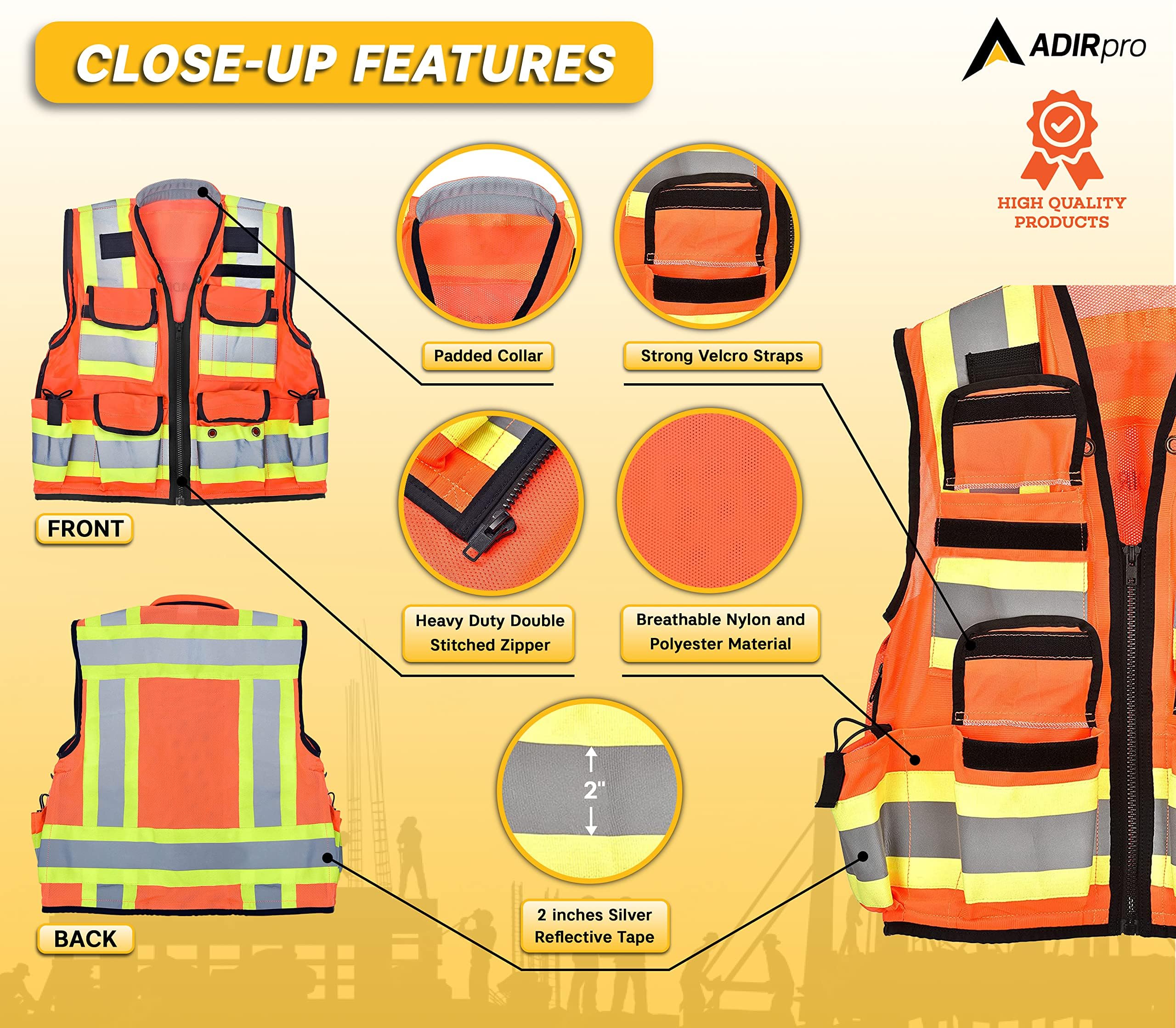 AdirPro Surveyor Safety Vest with Pockets - High visibility Reflective Construction Vest for Men - Class 2 Heavy Duty Vest ANSI Complaint for Contractors and Surveyors (Orange, 3XL)