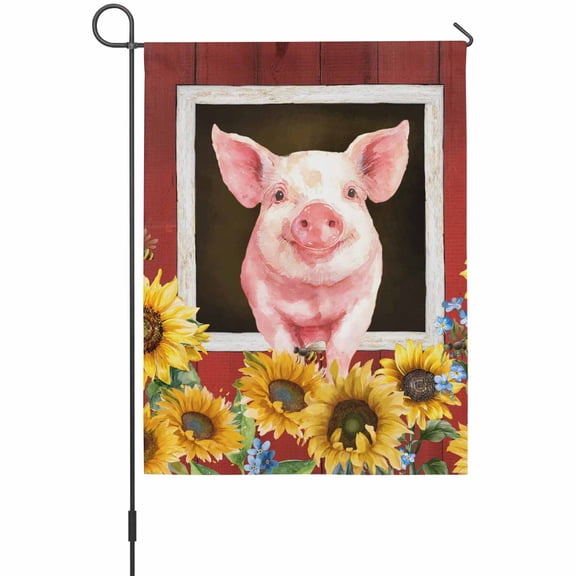 Pig Sunflowers Garden Flag 12 x 18 Inches, Yellow Flower Bee Farms Animal Oil Painting Weather Proof Outdoor Patio Flags Double Sided Small Garden Decoration for Yard Outside Home