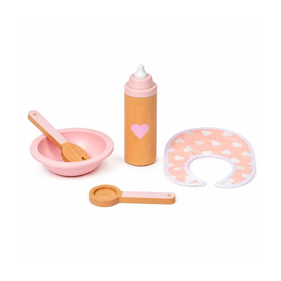 Moover Wooden Eating Set, Pink - Toddler Doll Feeding Tableware Play Set, 18M 