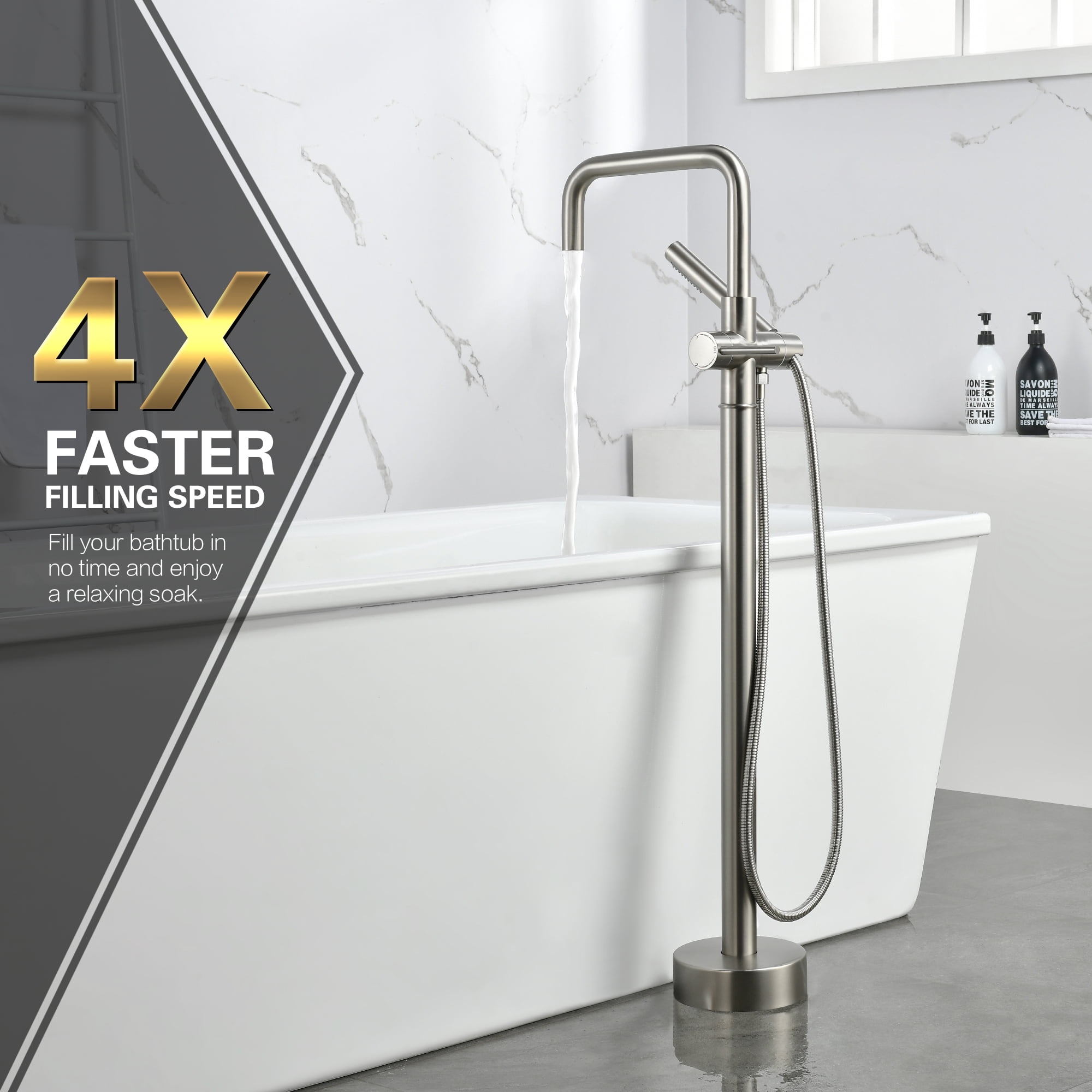 sumerain Floor Mount Bathtub Faucet with Hand Shower, Modern Brushed Nickel Freestanding Tub Faucet High Flow