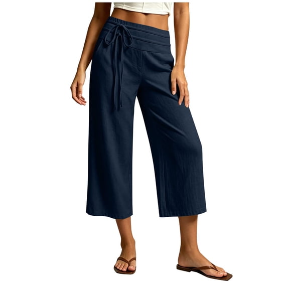 Textilo Women's Capri Pants High Elastic Waist Wide Leg Cropped Trousers with Pockets Drawstring Trousers Lounge 2026 Trendy Summer Vacation Boho Clothing,Dark Blue M