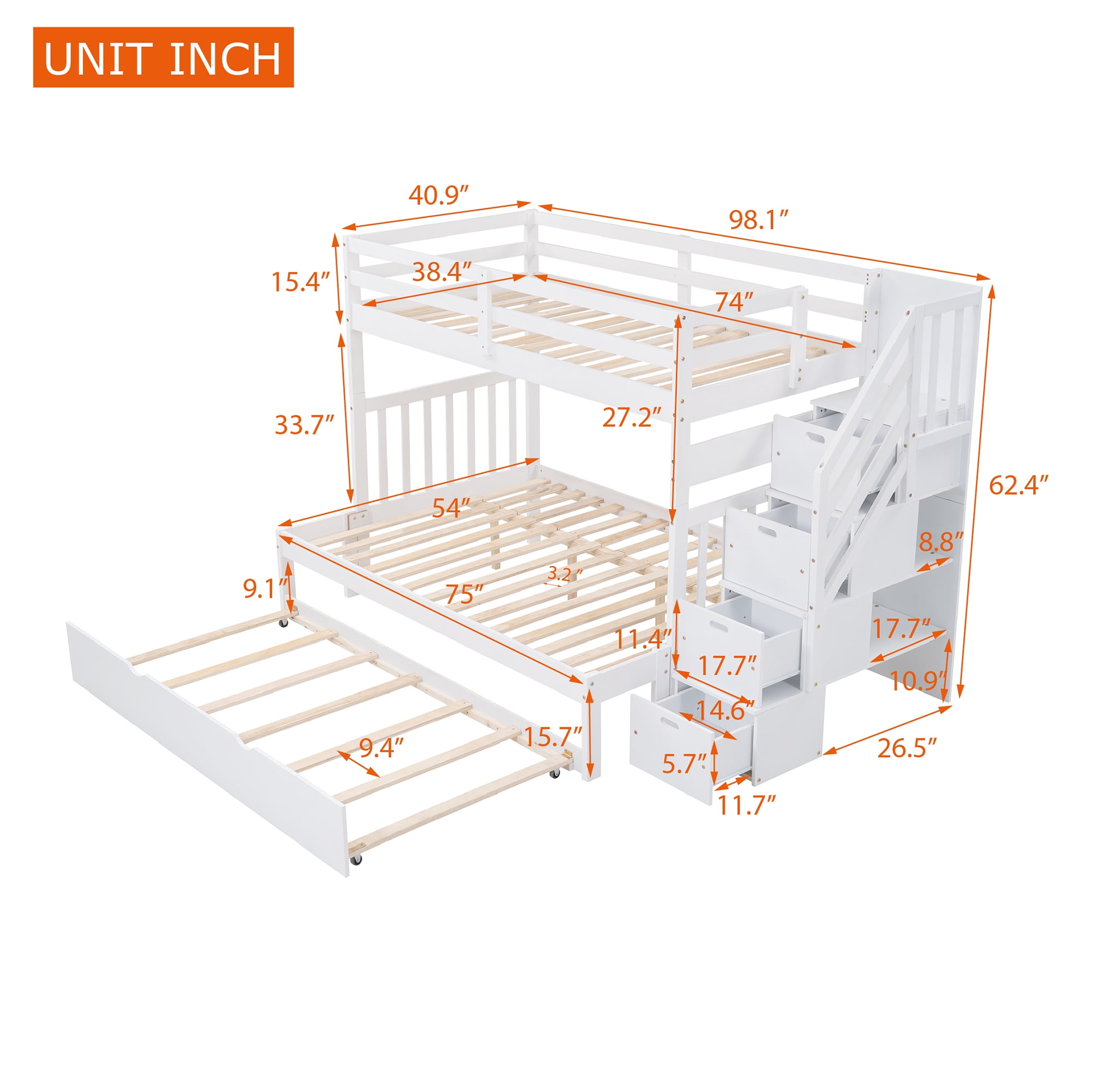 Aukfa Twin Over Full Bunk Bed with Trundle Bed, Wood Storage Stairway Bunk Bed with Drawer and Cabinet for Kids Bedroom - White