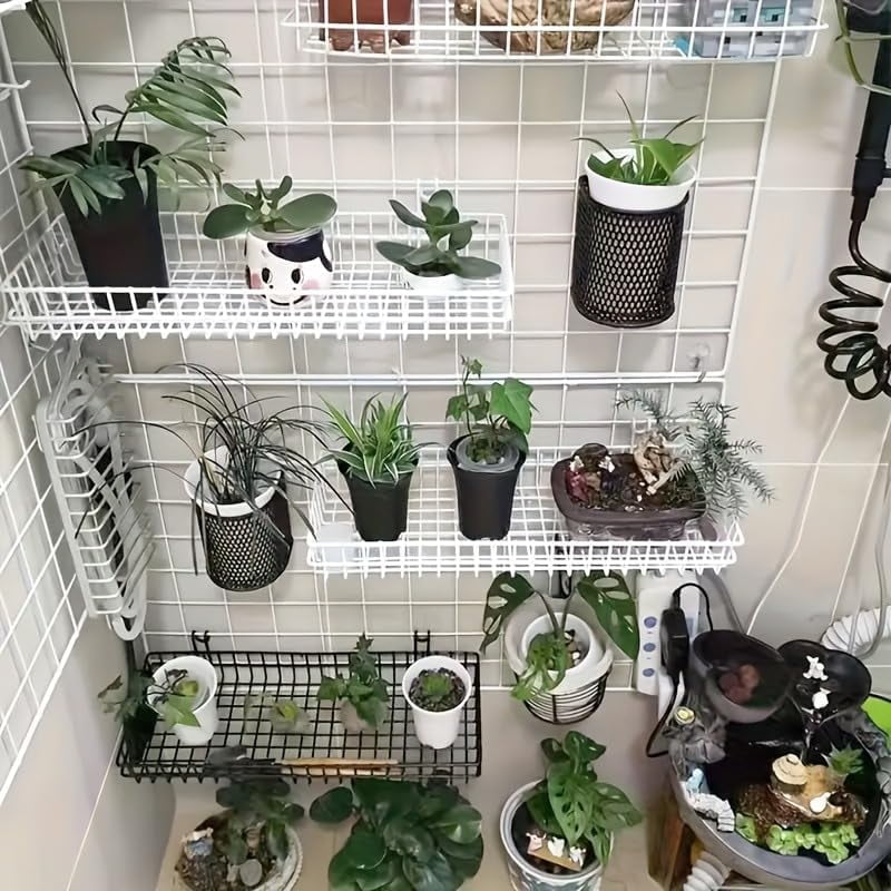 4 Pack 15.75 x 6 x 2.36 Inch Metal Grid Wall Baskets with Hooks, Hanging Wire Grid Basket, Multi-Function Wall Mounted Organizer for Kitchen Garden Organizing Display, Black