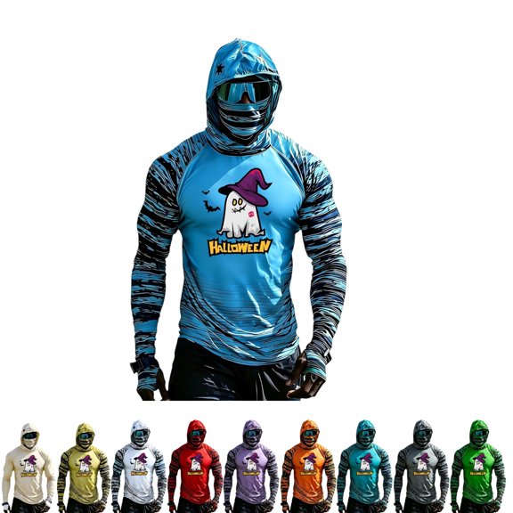 GrmtClth Halloween Sun Protection Shirt Mens Halloween Holiday Hooded Long Sleeve Sun Protection Fishing Tops Blue S