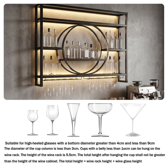 Wliqien 3-Tier Iron Wall Mounted Wine Rack with LED Light, 39-Inch Bar ...
