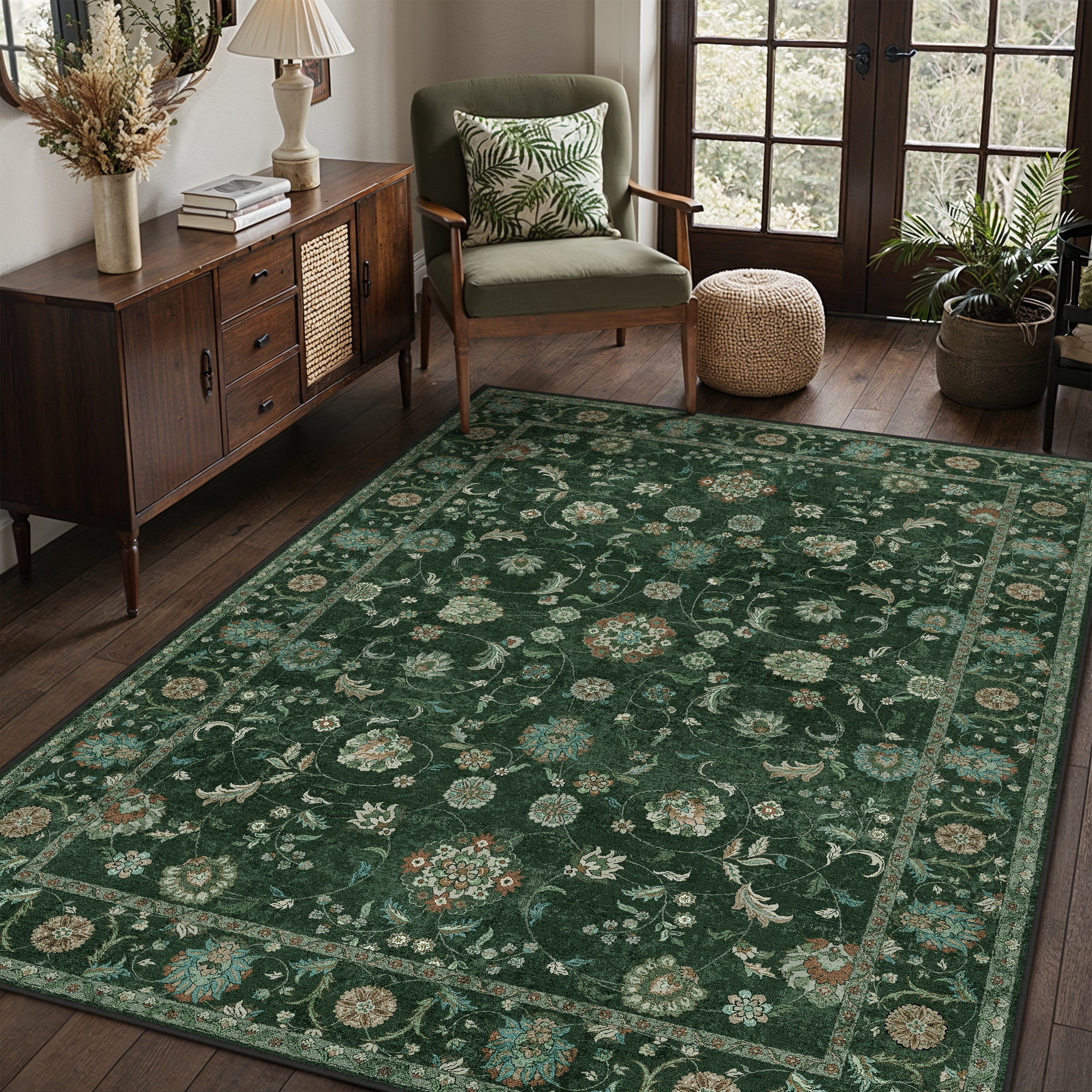 WIPONKEN 9x12 Area Rugs Morris Carpet for Living Room Bedroom Dining Room Office Farmhouse, Machine Washable Non Slip Vintage Persia Rug Green
