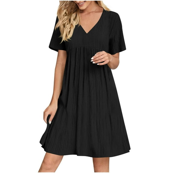 Women's 2025 Flowy V-Neck Sundress - Ruffle Hem Chiffon Mini & Swing Midi, Short Sleeve Beach Dress for Vacation in Solid Colors