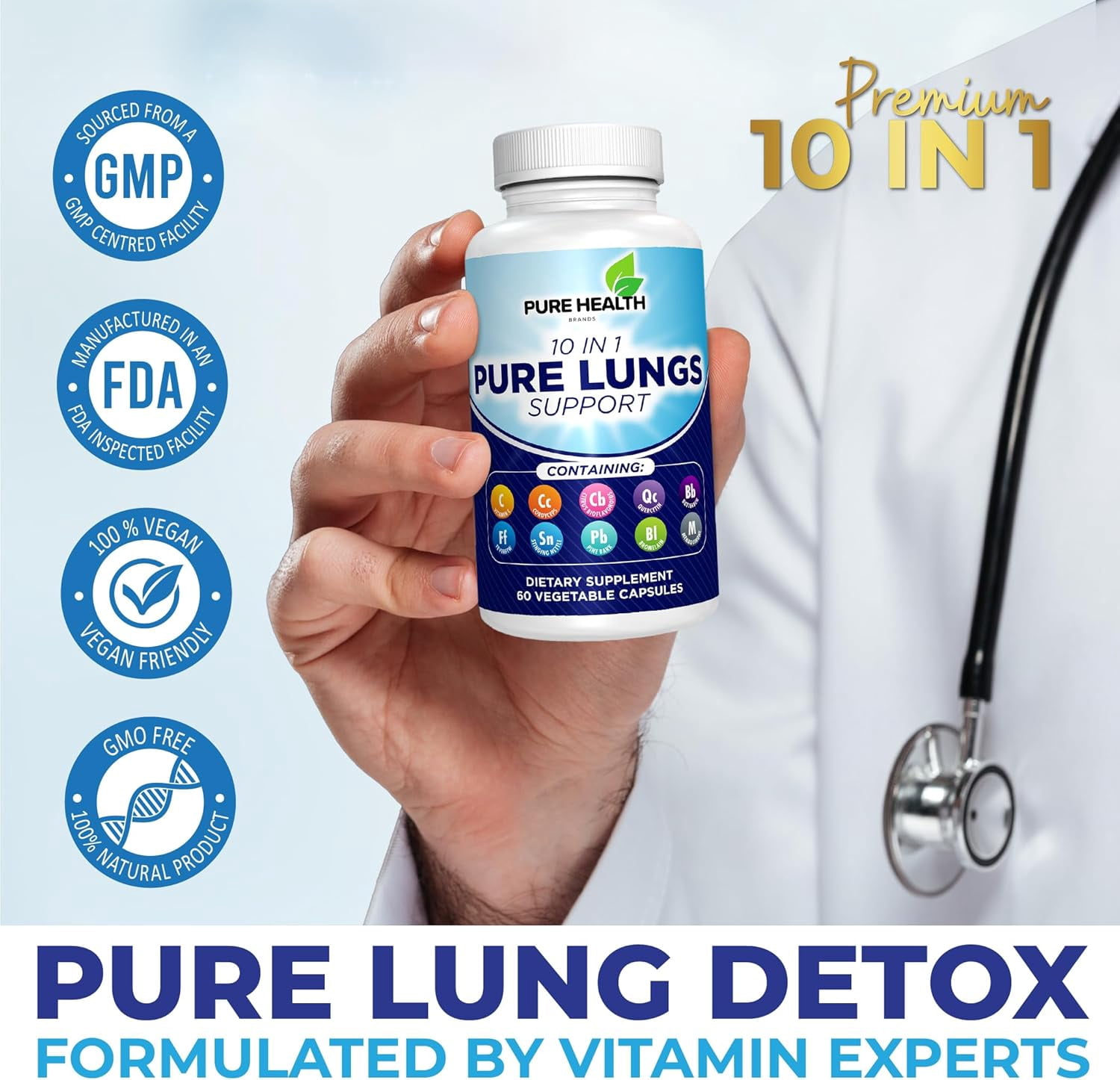Pure Lungs Support – 10-in-1 Lung Cleanse & Detox Supplement for Smokers & Respiratory Health – with Quercetin, NAC, Cordyceps, Pine Bark, Vitamin C & Butterbur – 60 Capsules