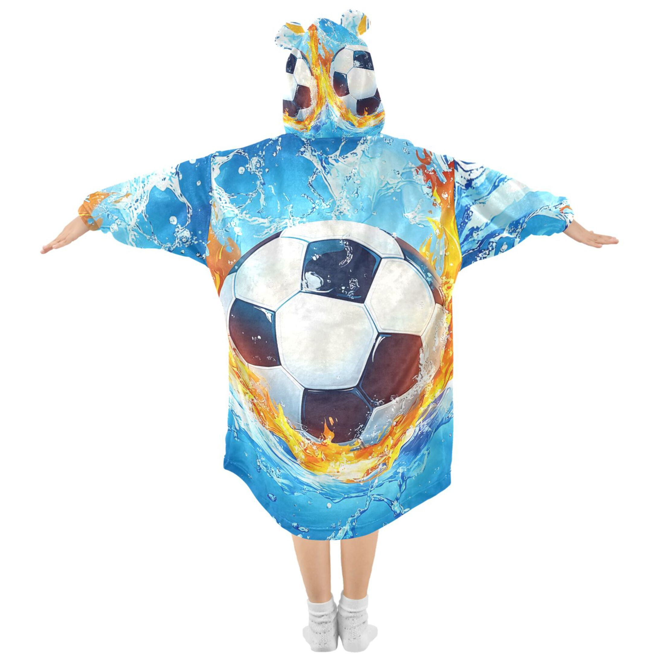 joogoo Wearable Blanket Hoodie Soccer Ball with Flame for Flannel Sherpa Pocket 3-14 YR L