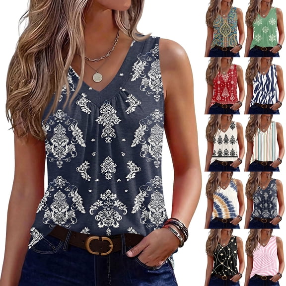 Women's V Neck Sleeveless Tank Tops Boho Floral Print Casual T Shirts for Summer Vacation and Daily Wear #02Red S