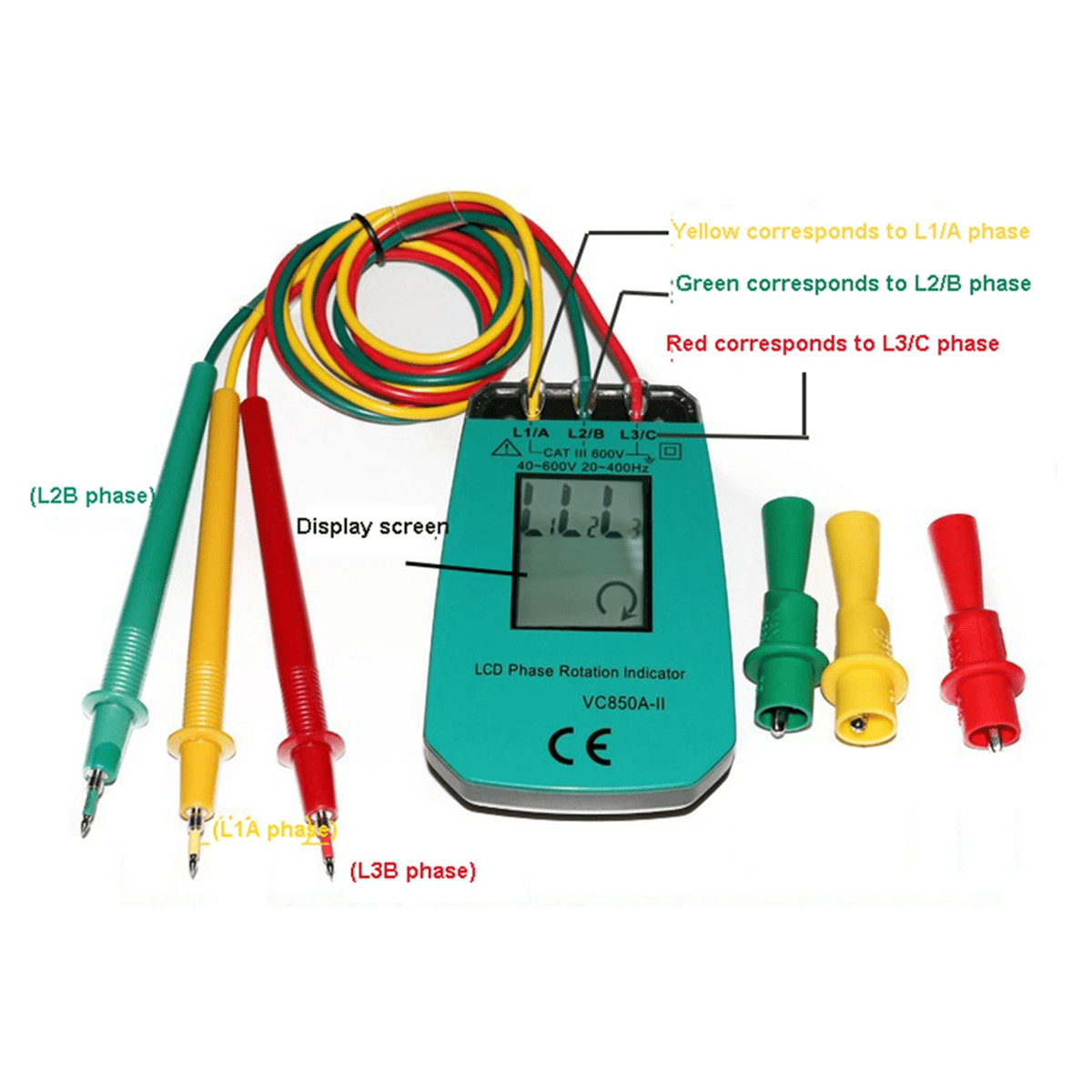 3 Phase Tester Digital Phase Indicator Detector LED Phase Sequence Meter Voltage Tester 40V-600V AC