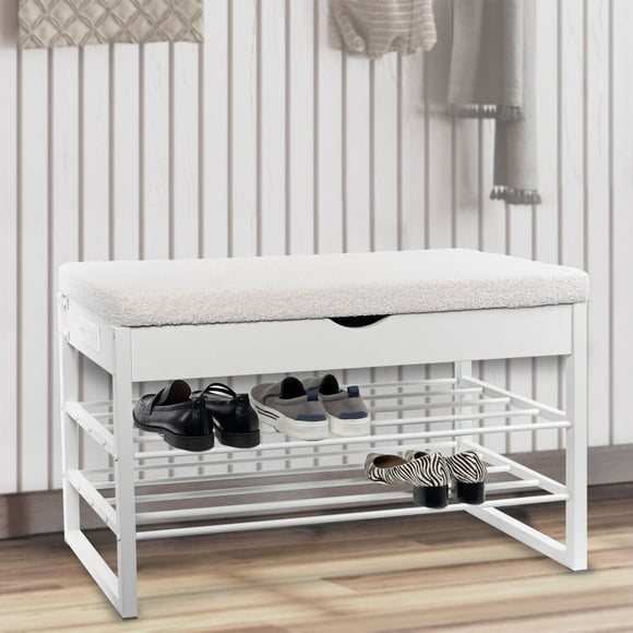 EZDO Home Upholstered Storage Bench with Charging Station, White