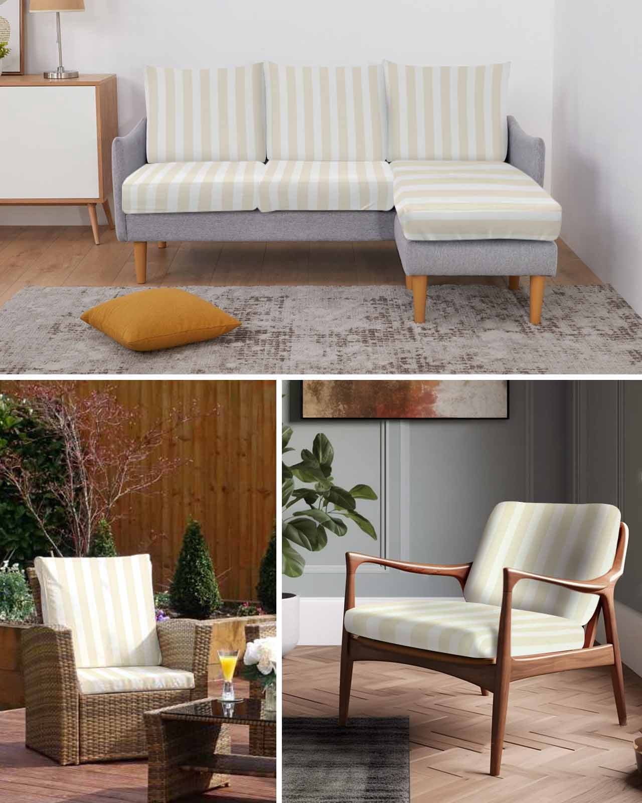 Cream Striped Couch Cushion Covers,Stretch Seat Cushion Covers for Sectional Sofa,Modern Farmhouse Cream White Stripes Loveseat Sofa&nbsp;Slipcovers Furniture Protector with Elastic&Straps 1Pcs,M