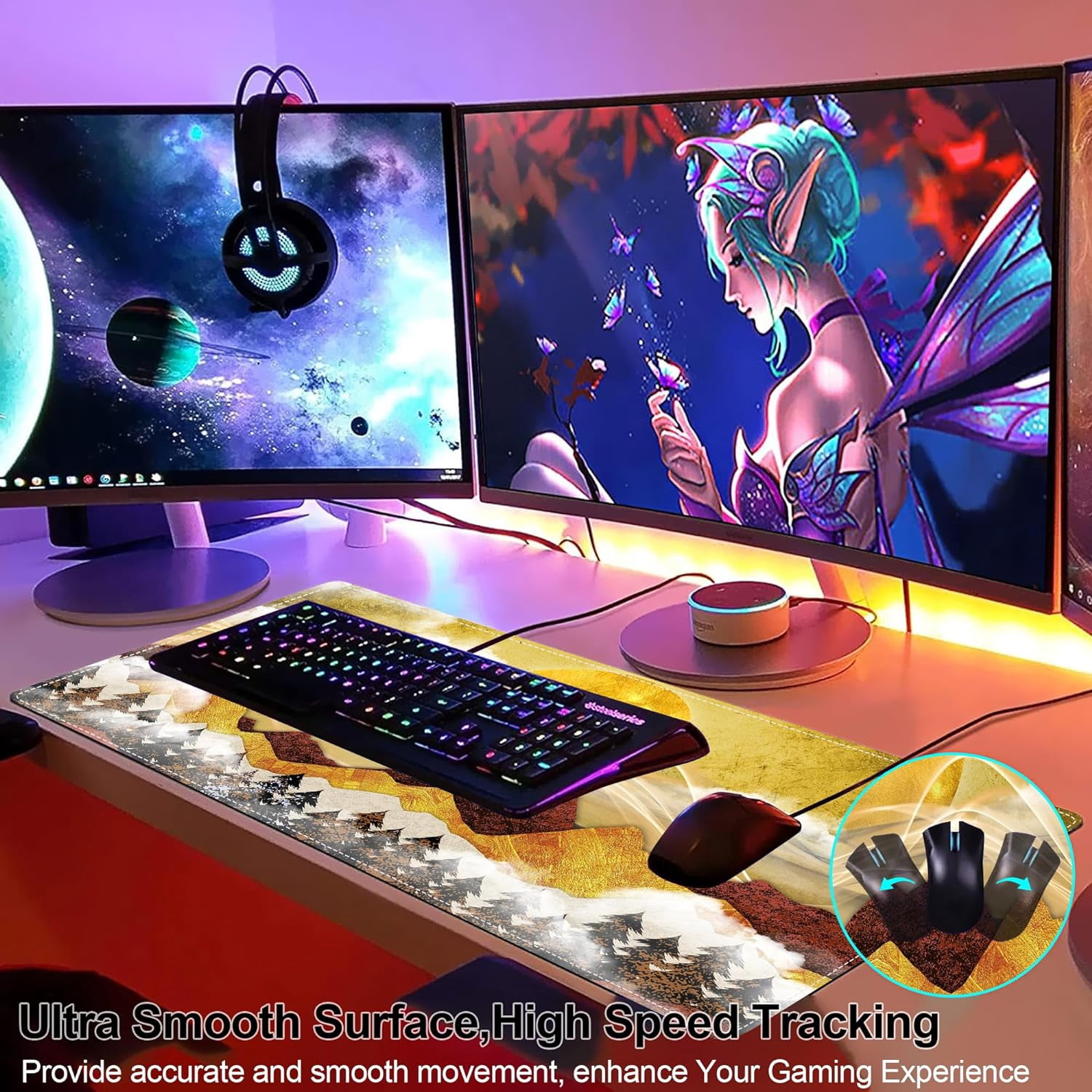 Mouse Pad, Groovy Forest Large Gaming Mouse Pad for Desk, Golden Sun Mountain Big Desk Mat with Seamed Edges, Waterproof Desk Pad, Non-Slip Rubber Base, Long Computer Mousepad, 31.5 x 15.7 Inch