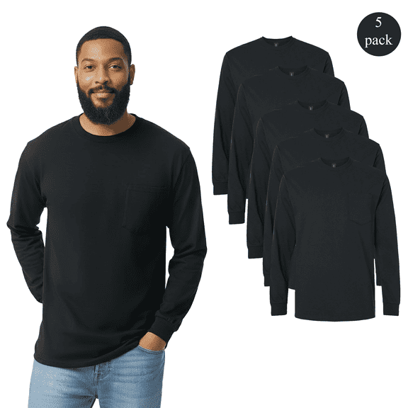 Gildan Men’s 5 Pack T-Shirt, Long Sleeve Pure 100% Cotton Pullover Black Classic Pocket Shirt, S