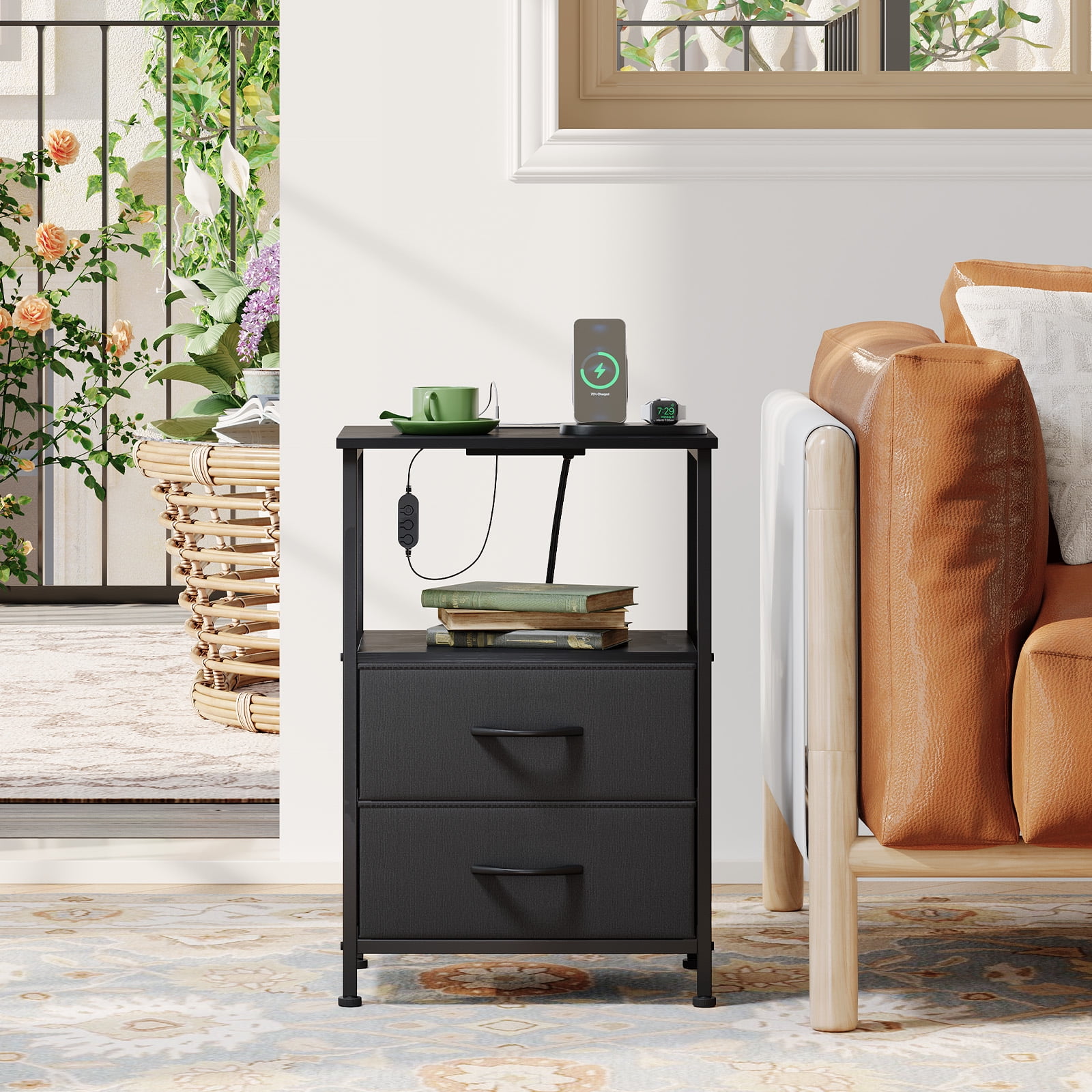 Eunos Small Nightstand with Charging Station for Bedroom, 2 Black Drawer Dresser with Storage Shelfs