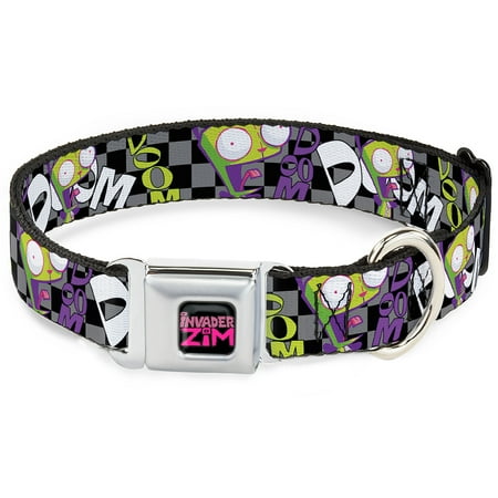 Nickelodeon Pet Collar, Dog Collar Metal Seatbelt Buckle, Invader Zim GIR Doom Pose Checker Black Gray, 9.5 to 13 Inches 1.0 Inch Wide
