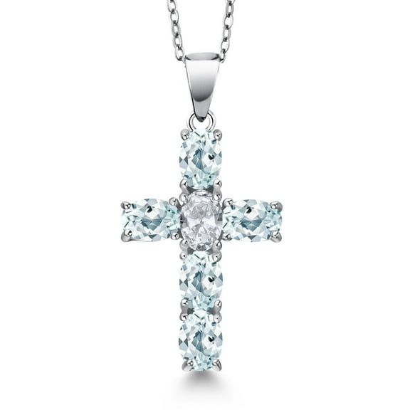 Gem Stone King 925 Sterling Silver Sky Blue Aquamarine and White Topaz Cross Pendant Necklace for Women | 3.10 Cttw | Gemstone March Birthstone | Oval 6X4MM | With 18 inch Chain