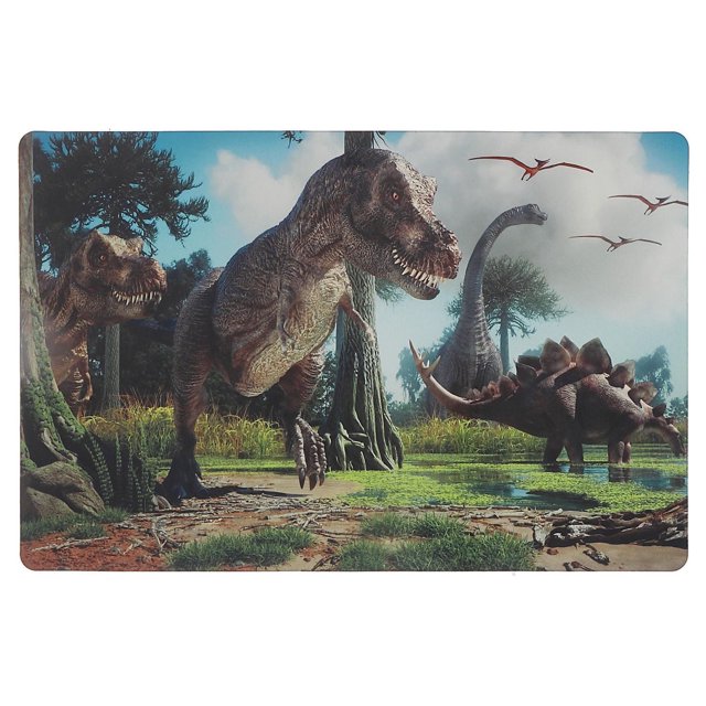 Plastic placemat with detailed dinosaur designs showing T-Rex, Brachiosaurus, Stegosaurus and pterosaurs in a lush prehistoric landscape.
