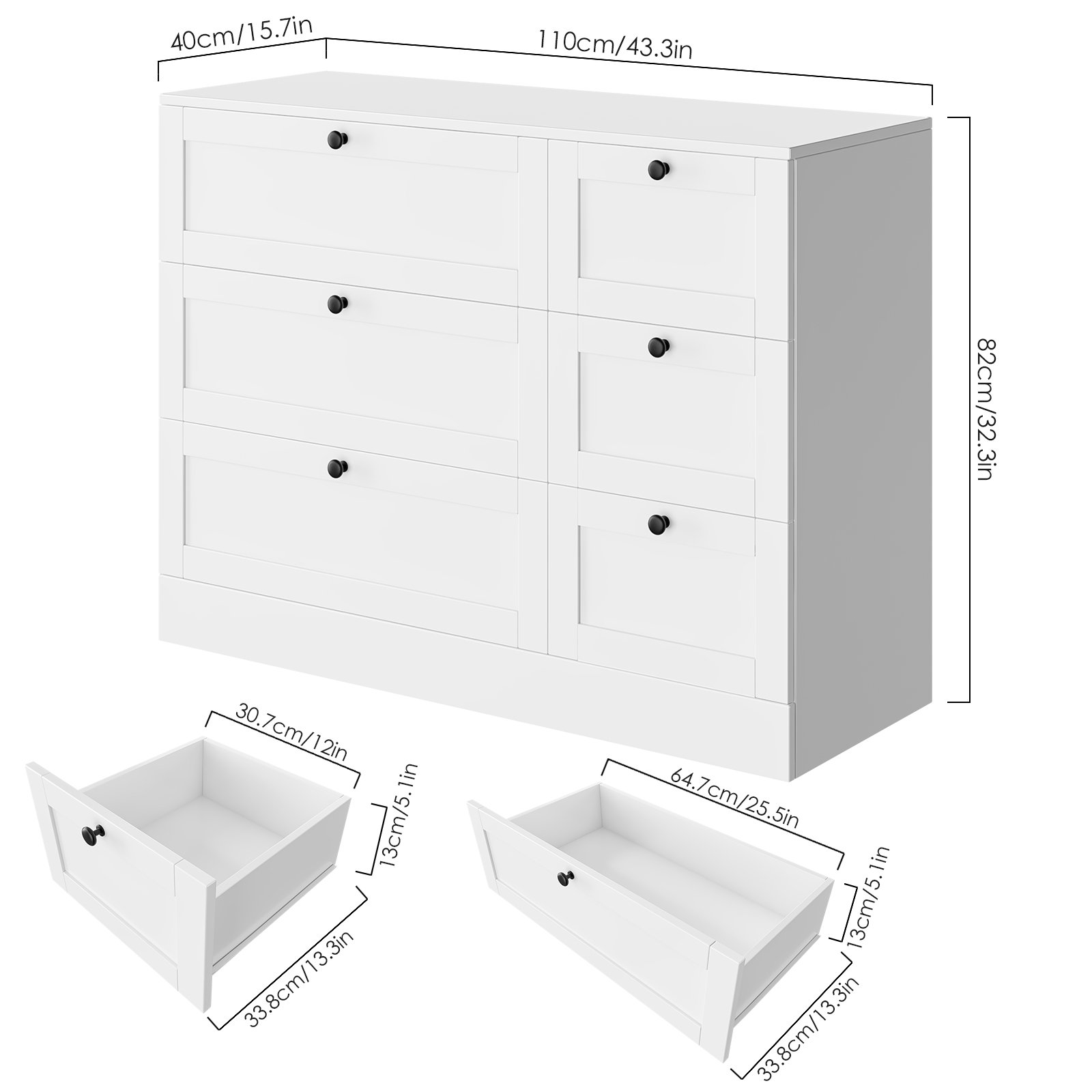 Homfa 6 Drawer White Double Dresser, Wood Storage Cabinet Chest of Drawers for Bedroom Living Room - image 2 of 7