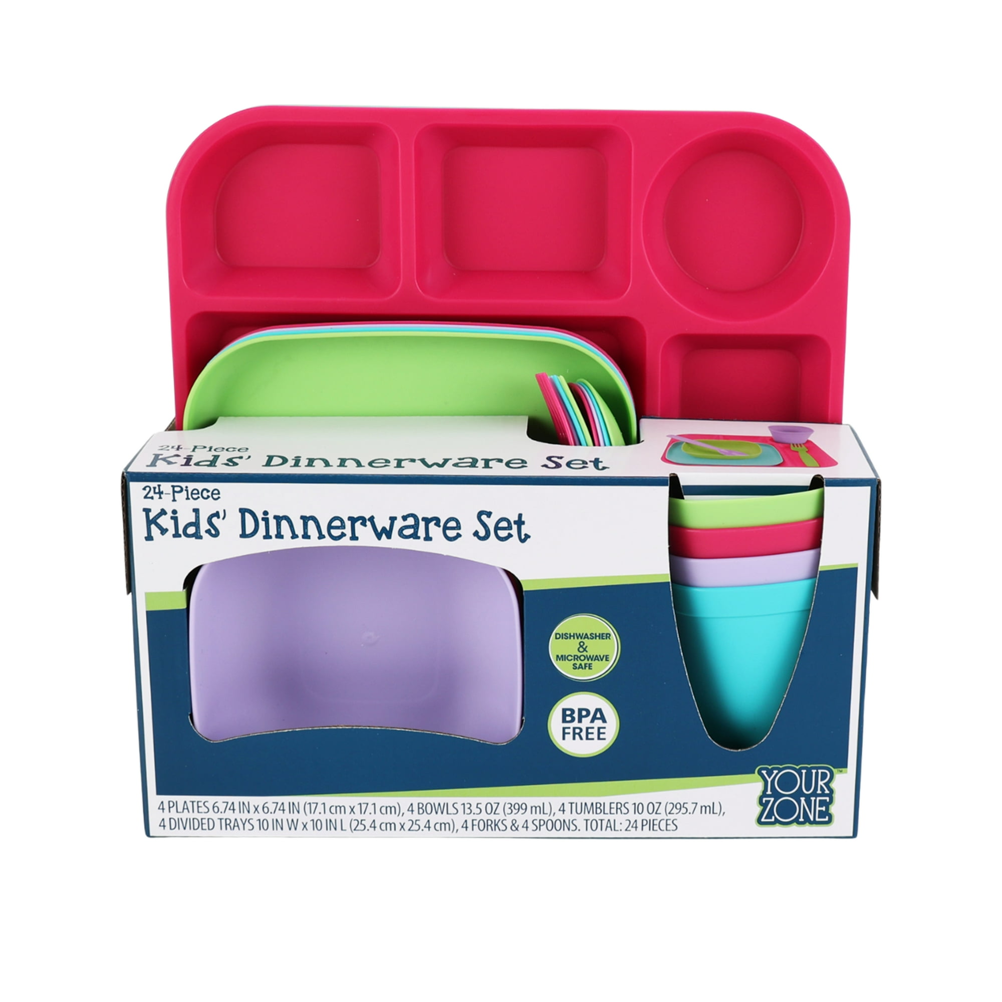 Your Zone Kids Dinnerware Set, 24-Piece Plastic Plates, Bowls, Cups & Utensils, Pink Assorted