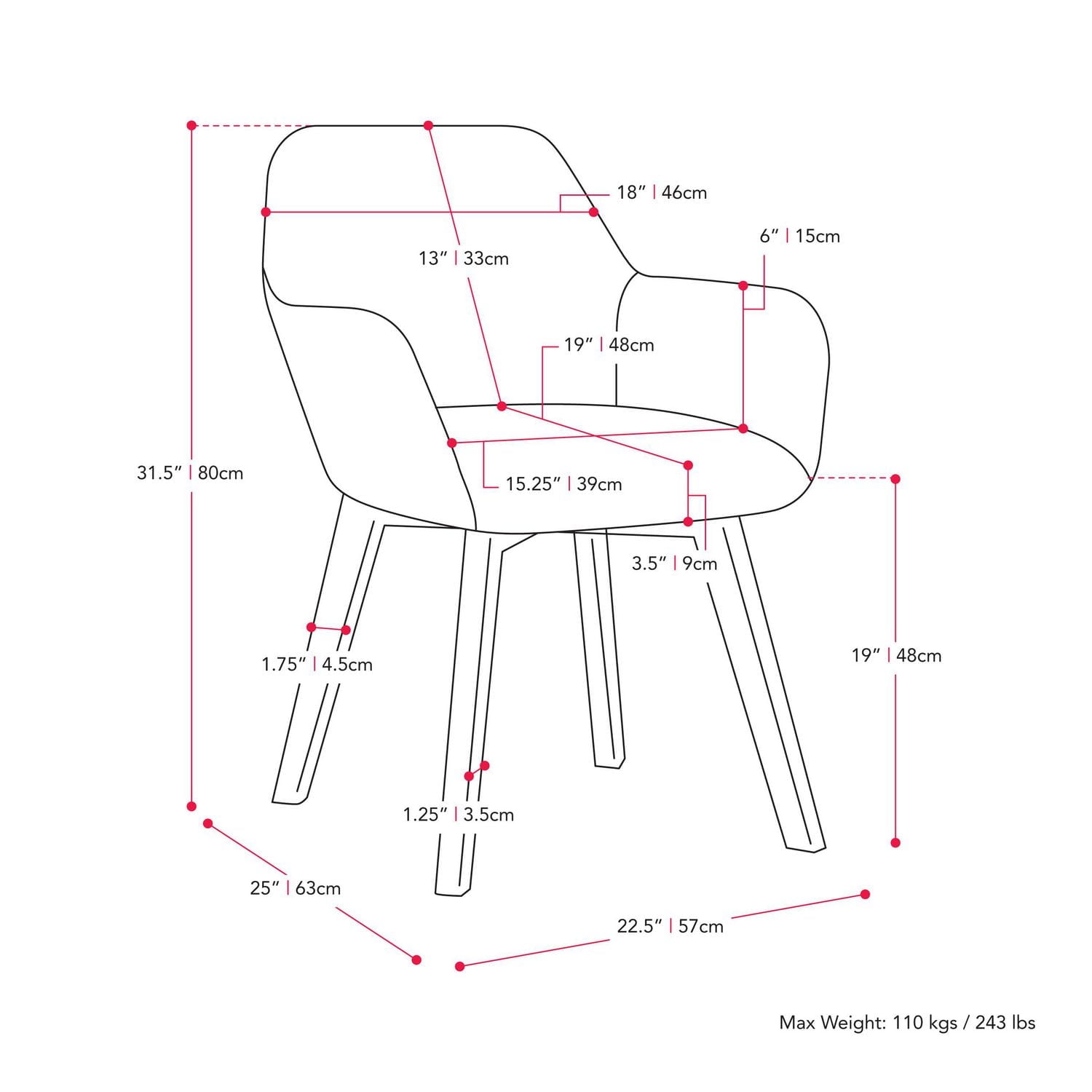 CorLiving Ayla Upholstered Indoor Dining Side Chair with Arms and Wood Legs