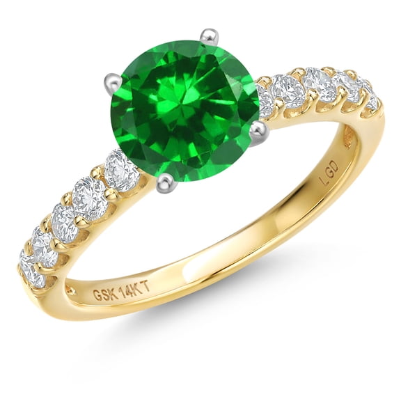 Gem Stone King 14K Two Tone Gold Green Created Emerald and Lab Grown Diamond Engagement Ring for Women | 1.38 Cttw | Round 6MM | Gemstone May Birthstone | Size 7