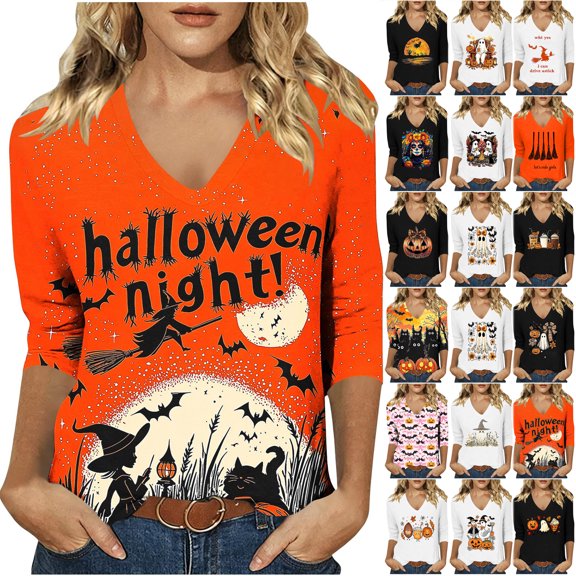 JTZGDY Halloween Tops for Women Dressy Casual Fall 3/4 Length Sleeve Thanksgiving Day Funny Ghost Pumpkin Printed V Neck Graphic Tunic Shirts Loose Oversized Comfy Pullover Blouse