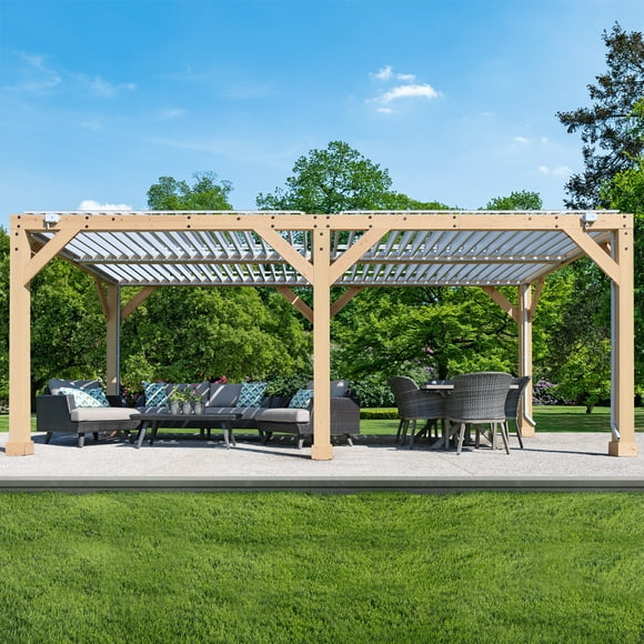 Yardistry 10' x 20' Meridian Louvered Pergola – Premium Cedar Wood Structure with Adjustable Aluminum Louvers and Built-In Gutter System for Outdoor Shade and Rain Protection