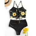 thumbnail image 2 of Zaful for Women Sunflower Lace-up High Waisted Tankini Set Black 2XL, 2 of 5