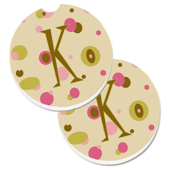Letter K Initial Monogram Tan Dots Set of 2 Cup Holder Car Coaster