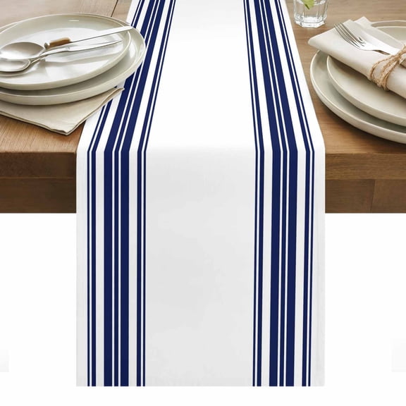 Navy Blue Striped Table Runner Farmhouse Simple Line Vertical Stripes Tablerunners 13 x 60 Inch, Table Decorations Tabletop Scarf for Summer Gathering Holiday Farmhouse Kitchen Dining Decor