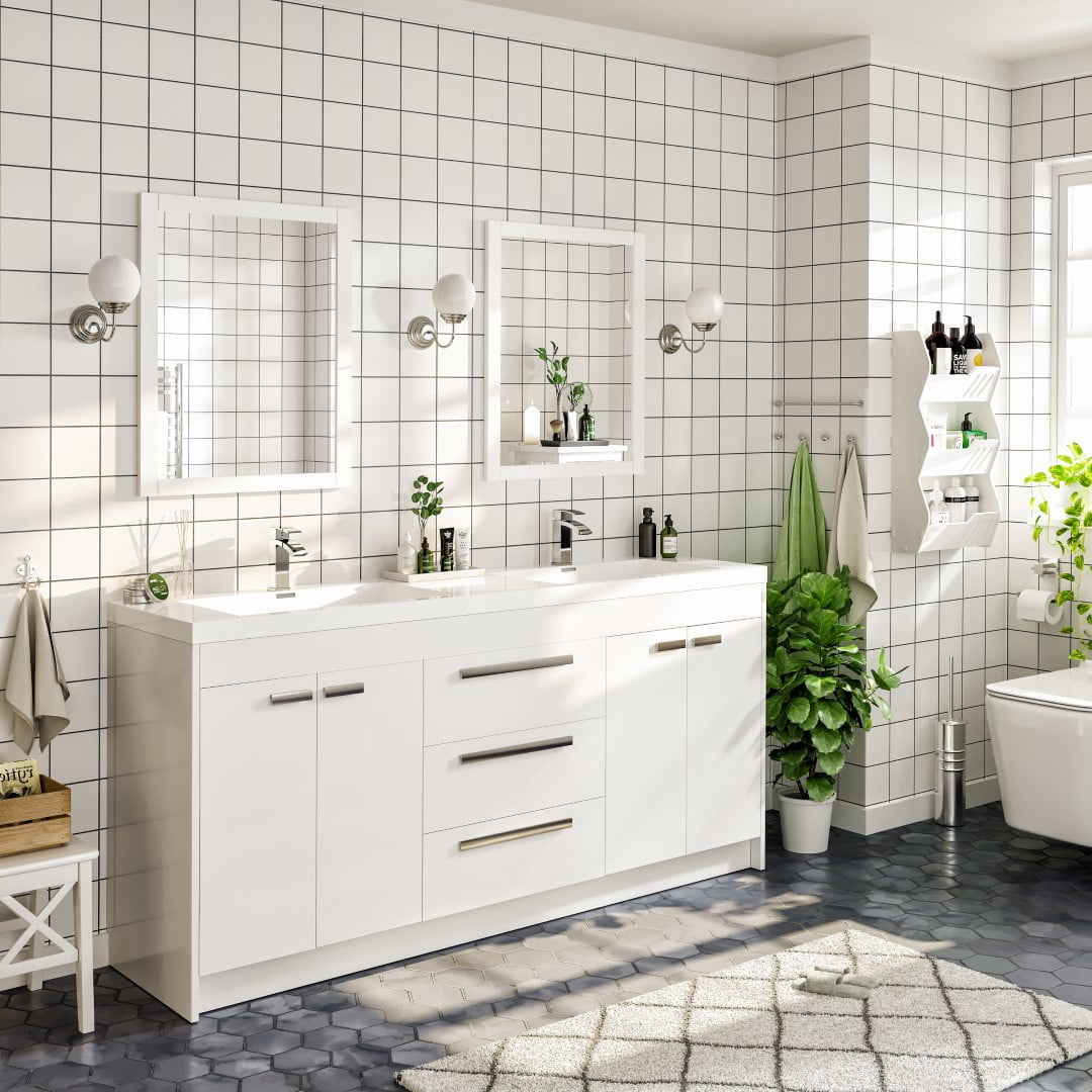 Eviva Lugano 72"W x 20"D White Double Sink Bathroom Vanity with White Acrylic Countertop and Integrated Sinks