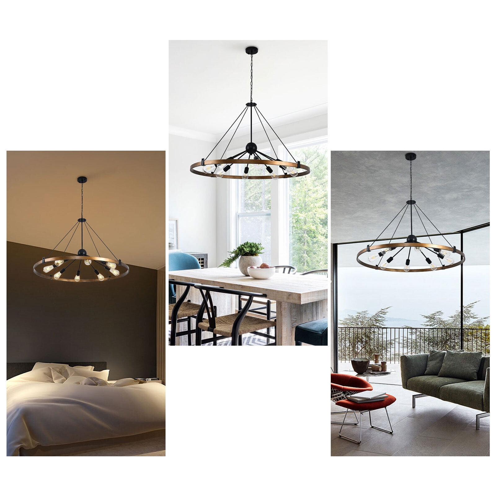 39.3" 8-Light Farmhouse Large Wagon Wheel Chandelier Modern Black Metal Industrial Round Hanging Pendant Light Fixture for Living Room Bedroom Entryway Dining Room
